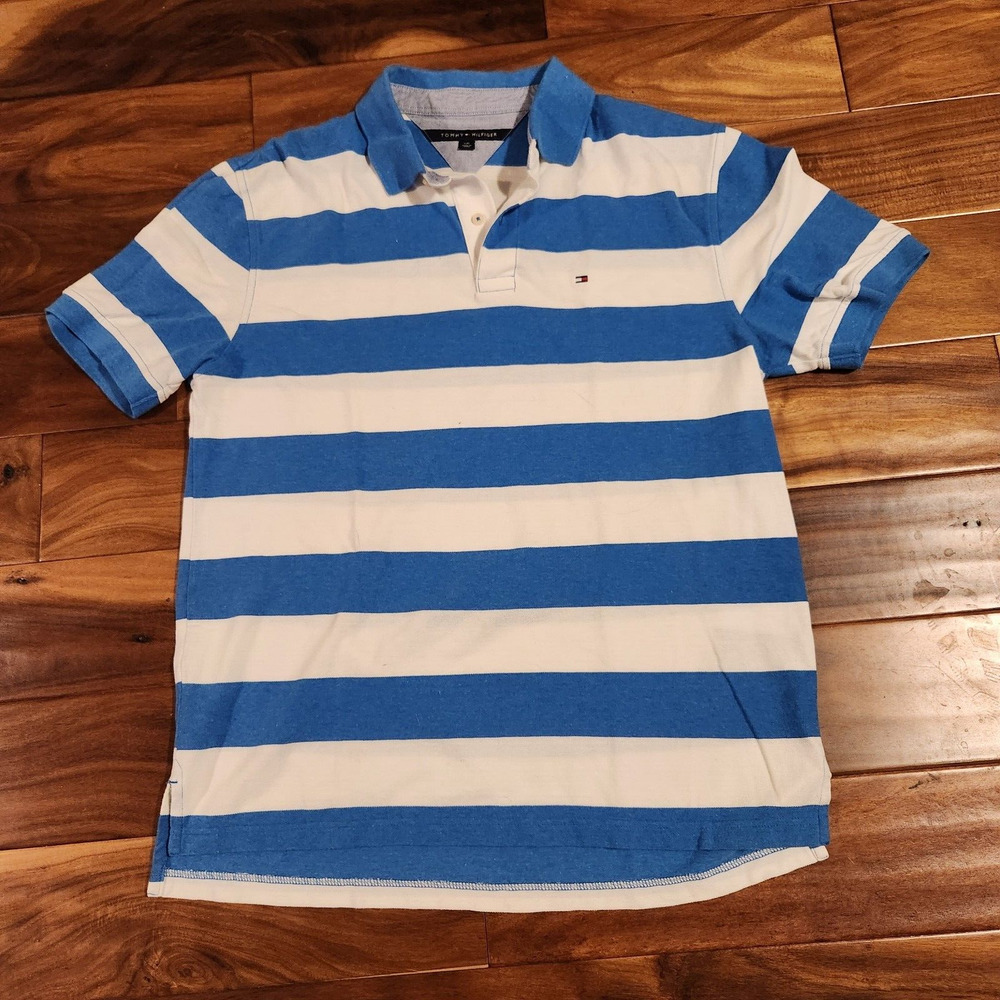 Tommy Hilfiger Men's Women's L Striped Polo Short Sleeve Shirt Cotton White Blue